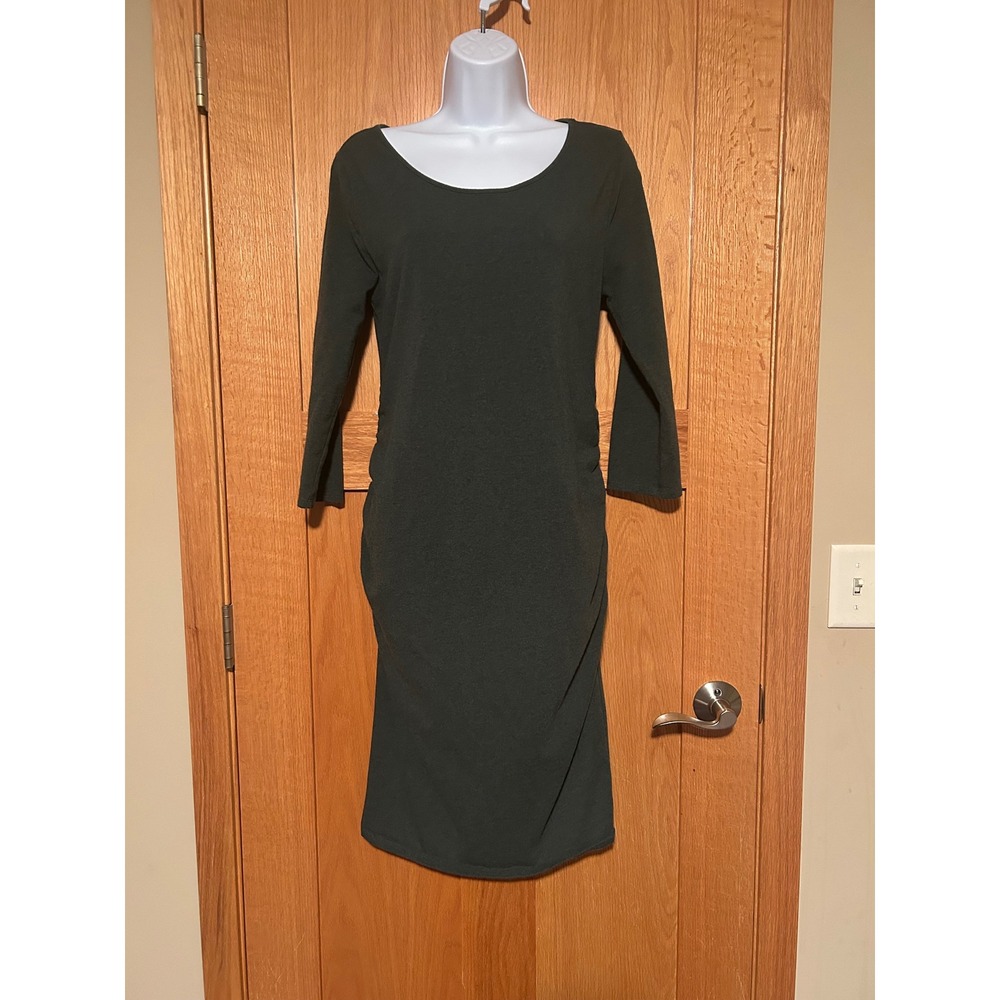 Midi Maternity Dress Forest Green Isabel Maternity Ruched Bodycon 3/4 Sleeve Med